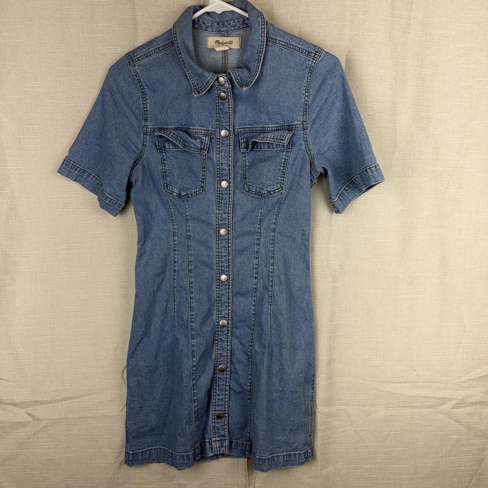 Madewell Dress Womens 2 Blue Denim Short Sleeve Snap Front Shirt Mini Stretch - Picture 2 of 16